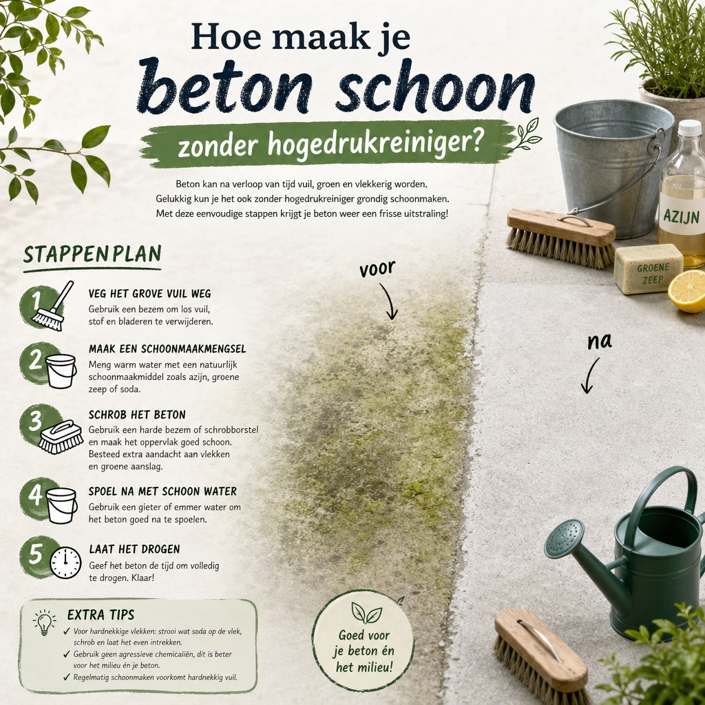 Hoe maak je beton schoon zonder hogedrukreiniger?