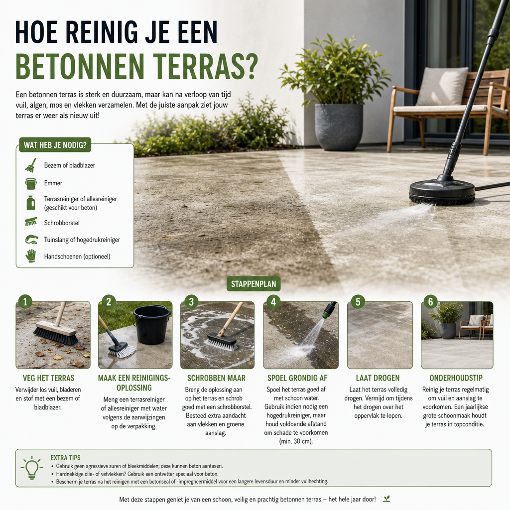Hoe reinig je een betonnen terras?