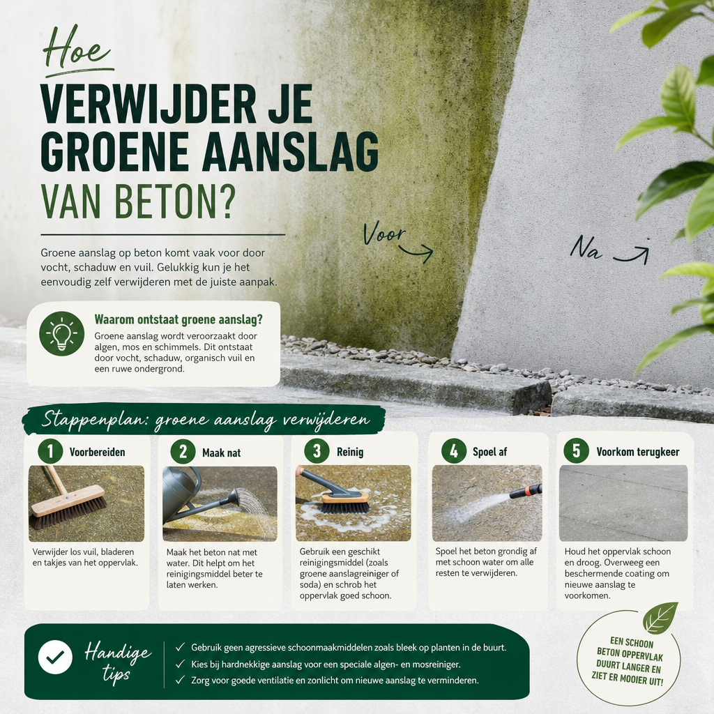 Hoe verwijder je groene aanslag van beton?